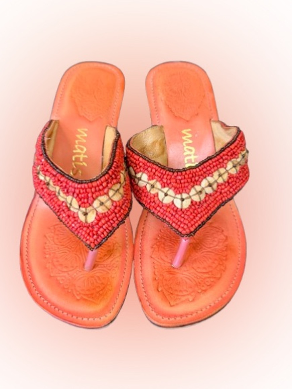 Matisse Beaded Wedge Sandals Embossed Leather Footbed Coral Boho Size 7